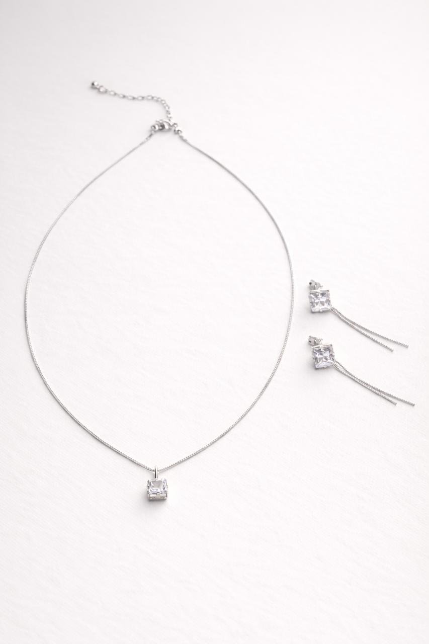 Conjunto Zircônia Quadrado - Prata 925
